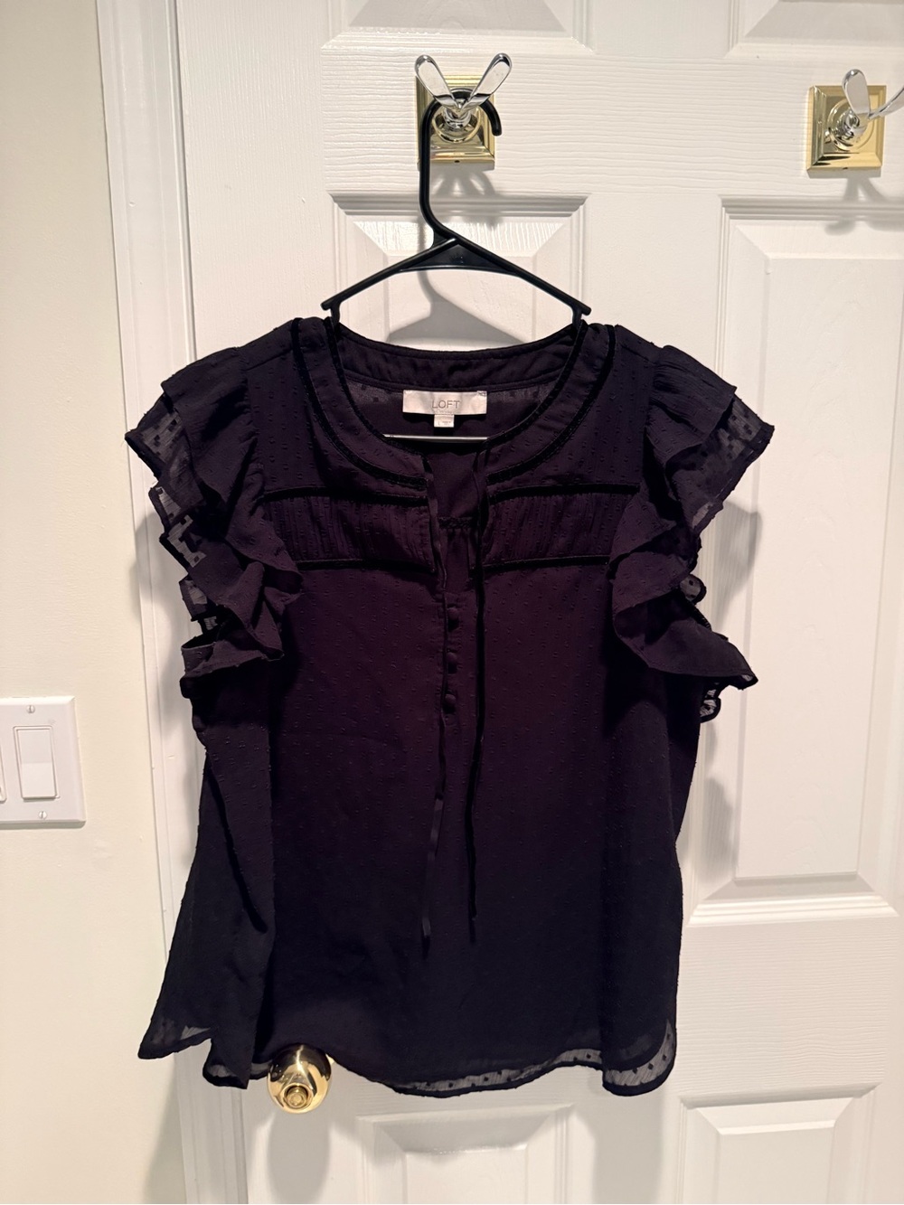 LOFT Black Ruffle Sleeve Button-Front Blouse